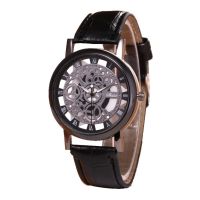 Изискан прозрачен мъжки ръчен часовник с кварцов механизъм и кожена каишка  "черен циферблат, снимка 3 - Мъжки - 45687403