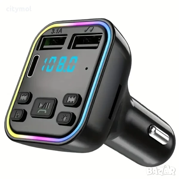 CAR Bluetooth FM трансмитер - 3.1 А, 7 LED светлини, 2xUSB + TYPE C , снимка 1