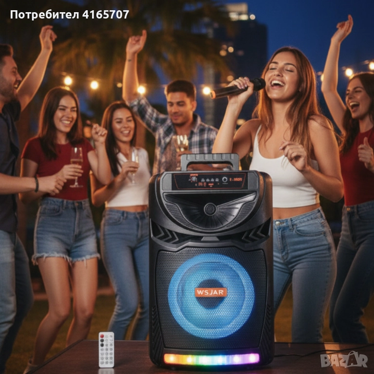 Bluetooth караоке колона с безжичен микрофон – 8,5″ говорител, LED светлини, TWS и FM радио, снимка 1