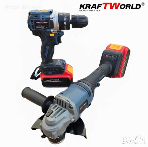Акумулаторен Винтоверт и Безчетков Ъглошлайф KraftWorld, снимка 1