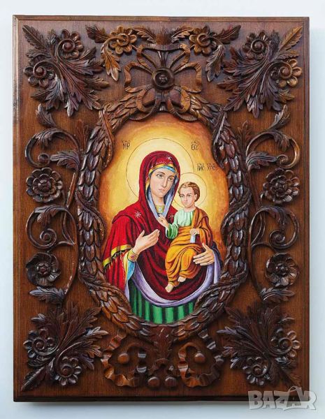 Икона "Дева Мария с Младенеца"-дърворезба,орех,уникат, снимка 1
