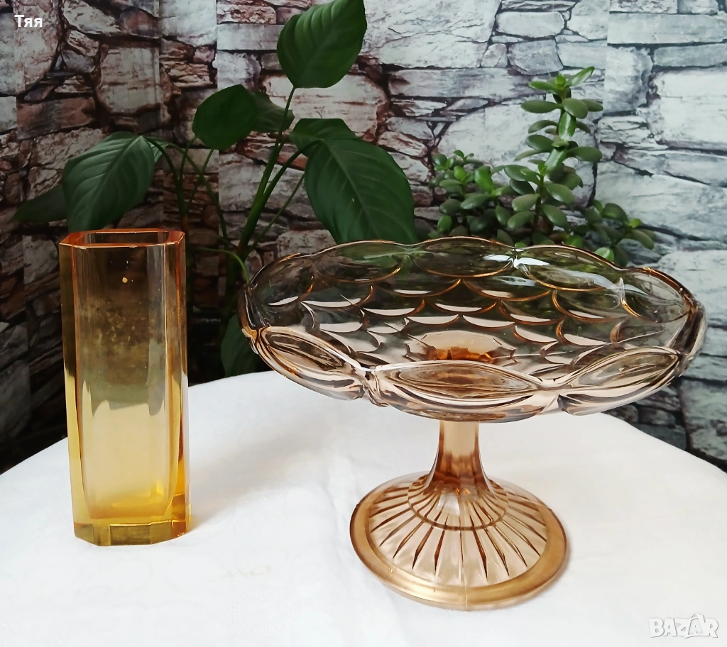 Стъклена фруктиера и ваза в цвят кехлибар , снимка 1