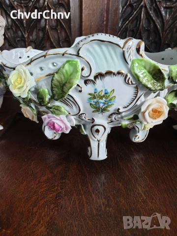 Meissen фигурална ажурна фруктиера 32см/стара Майсен порцеланова жардениера с херувими, снимка 6 - Антикварни и старинни предмети - 50629216