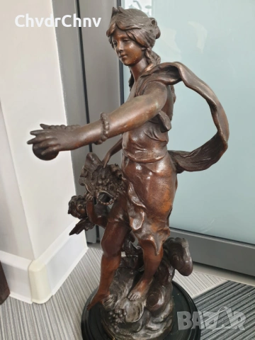 47см-4кг Moreau ЦАМ статуетка/стара френска скулптура/фигура на жена с ангел-херувим, снимка 4 - Статуетки - 54166401