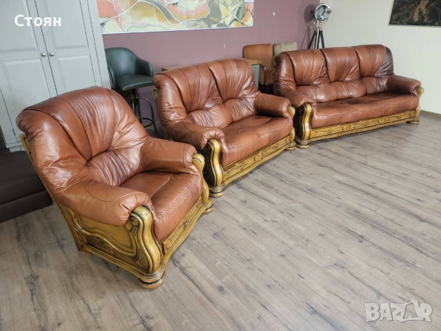 Кафяв комплект дивани тройка,двойка и фотьойл от естествена кожа и дъб, снимка 4 - Дивани и мека мебел - 53754113