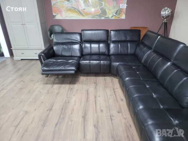 Дизайнерски черен кожен ъглов диван с електрически релакс механизъм, снимка 4 - Дивани и мека мебел - 46474871