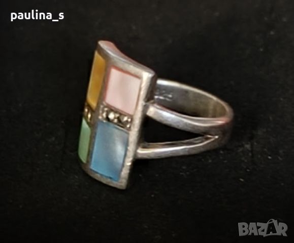 Сребърен пръстен проба 925 със седеф и марказити, снимка 3 - Пръстени - 46412517