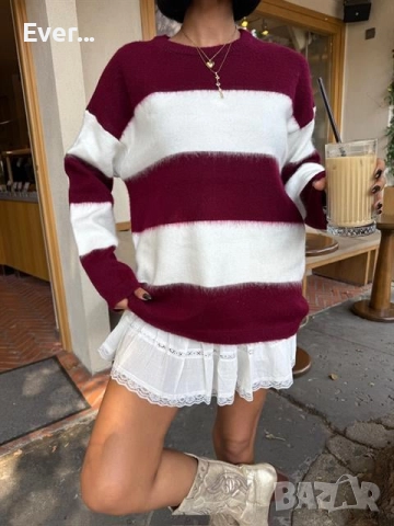 Пуловер в бяло и бордо овърсайз, снимка 9 - Блузи с дълъг ръкав и пуловери - 52300856
