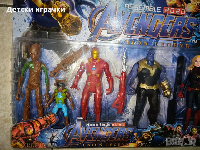 Комплект фигурки Отмъстителите 6 броя, Дърво, Тор, Танос, Железния Човек, с оръжия, снимка 2 - Фигурки - 50914039