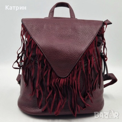 Велурена дамска раница с ресни и метални нитове – бохо стил, различни цветове, НОВИ, снимка 3 - Чанти - 52459894