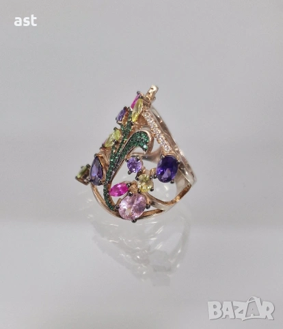 Сребърен пръстен с разноцветни камъни, снимка 5 - Пръстени - 53914009