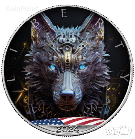 AI CYBER WOLF 1 Oz Сребърна монета 1$ САЩ 2024 г, снимка 3 - Нумизматика и бонистика - 44984610