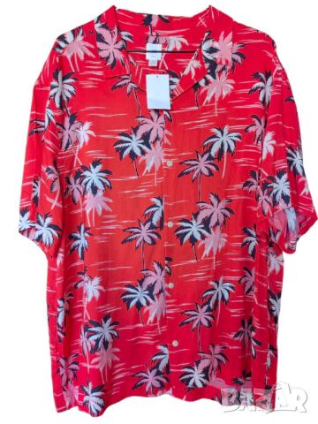 Мъжка риза с флорални елемнти H&M, 100% вискоза, Червена, XL, снимка 1 - Ризи - 45780667