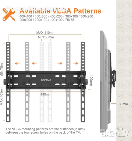 Стенна скоба за телевизор GRIFEMA GB1004-2 за 26-65 инча, наклонена и универсална скоба за телевизор, снимка 6 - Телевизори - 49466524