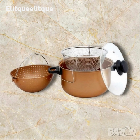 Тенджера с гевгир и кошница за пържене Voltz, 24*12.5см., Меден\въгл. стомана с незалеп. покр., снимка 3 - Съдове за готвене - 52376142