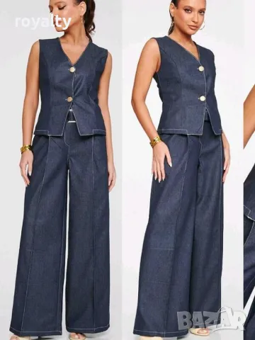 Елегантен дънков сет с широк панталон, снимка 2 - Костюми - 50102150