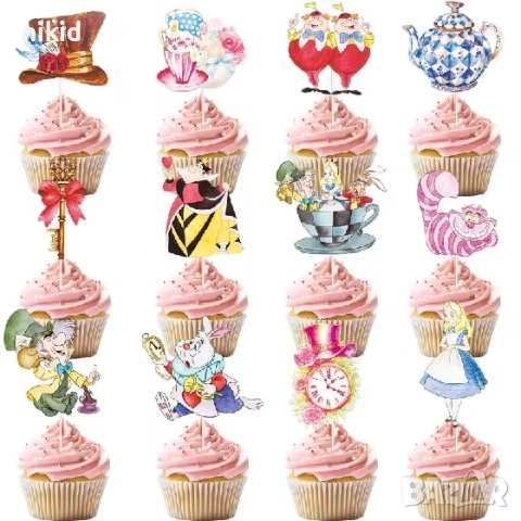 12 бр Алиса в Страната на Чудесата картонени топери топер за мъфини кексчета парти торта рожден ден, снимка 3 - Други - 52422970