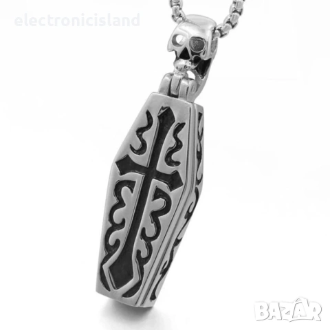 Винтидж отварящо се колие от неръждаема стомана във формата на ковчег и вътре скелет, пънк, вампир, снимка 2 - Колиета, медальони, синджири - 53940121