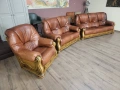 Кафяв комплект дивани тройка,двойка и фотьойл от естествена кожа и дъб, снимка 4
