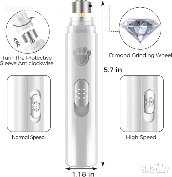 Професионална машинка за шлайфане на кучешки/котешки нокти VIWIK, USB type C, 7500Rpm, 2-скоростна, снимка 1