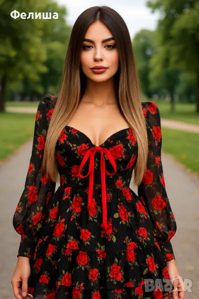 Удивително Красива Романтично Нежна Рокля с Червени Рози, снимка 1