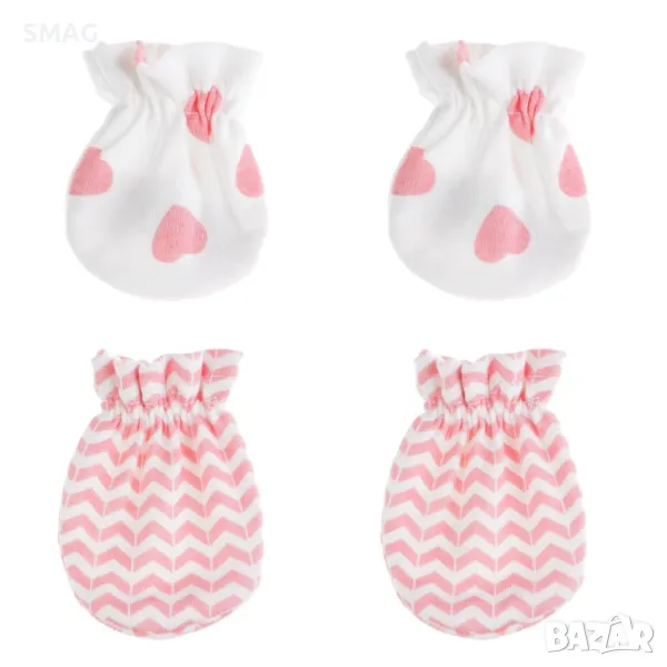 Бебешки Ръкавици Памук Бели Розови Сърца Зиг Заг - 2 чифта S_1238354, снимка 1