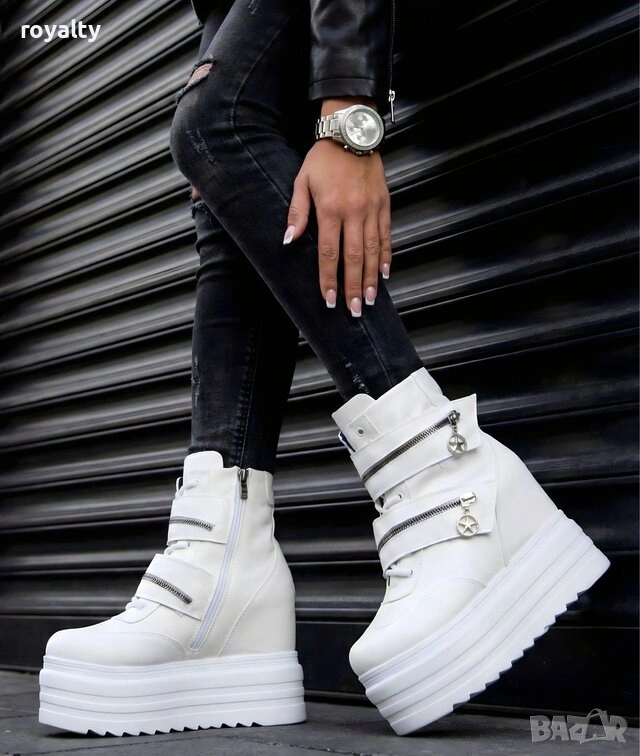 Боти на платформа - бяла кожа, снимка 1