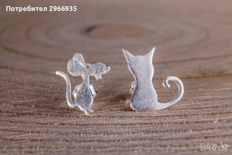 Сребърни обеци коте и мишле, снимка 1