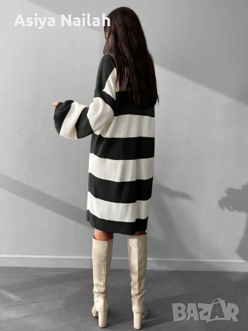 Дамска плетена туника oversize – черно/бяло райе, снимка 3 - Туники - 52795287
