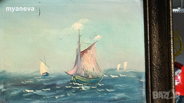 Стара картина , морски пейзаж с маслени бои върху платно в дървена рамка. , снимка 9 - Картини - 53879972