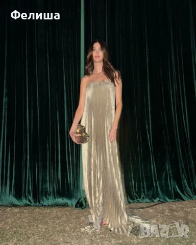 Дълга Уникална Рокля в Пясъчно Светло Злато Солей с Метален Златен Елемент, снимка 11 - Рокли - 51092896