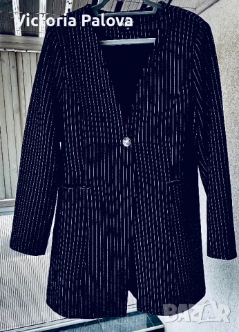 Модерно удължено сако без ревер KUSI COLLECTION с фини блестящи райета, снимка 5 - Сака - 53194455