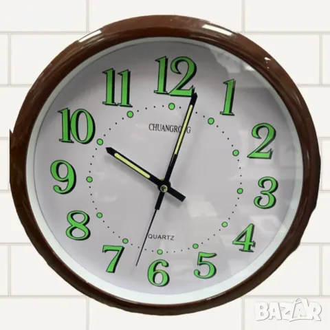 Стенен светещ часовник – Кръгъл, кафяв, безшумен / 30см