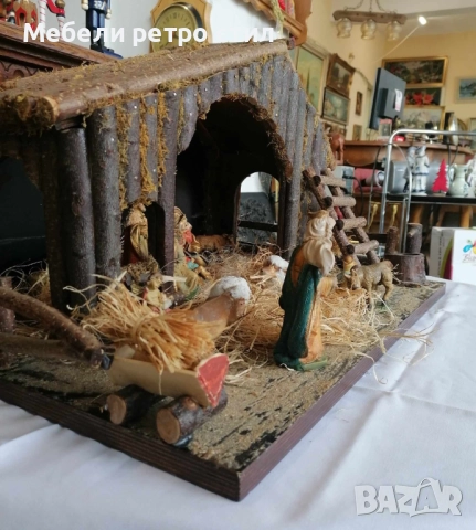 Винтидж ръчно изработен комплект от естествено дърво и декориран със слама. Рождество Христово., снимка 7 - Антикварни и старинни предмети - 52653365