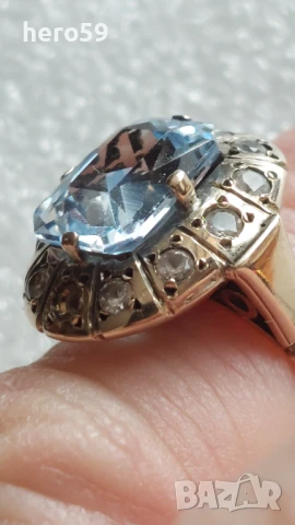 Златен дамски пръстен с аквамарин, злато 14к , снимка 6 - Пръстени - 50634031