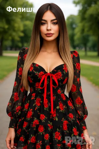 Удивително Красива Романтично Нежна Рокля с Червени Рози