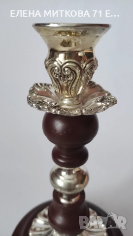 Красив стар свещник изработен от посребрен метал и дърво, снимка 4 - Други ценни предмети - 52878372
