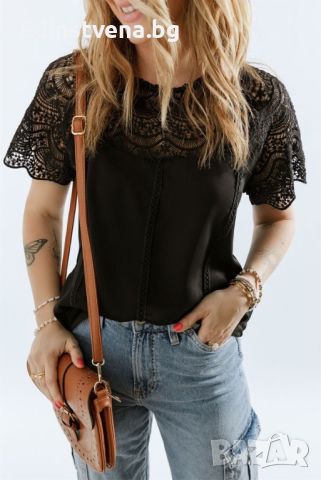 Дамска блуза в черно с къс ръкав и бродерия, снимка 3 - Корсети, бюстиета, топове - 45418202