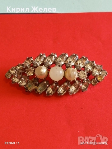 Винтидж Чешка брошка с кристали и перли 42385, снимка 4 - Антикварни и старинни предмети - 52571799