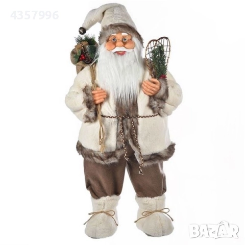 Коледна фигура Дядо Коледа с екрю бежово облекло, чувал и ски, 80cм