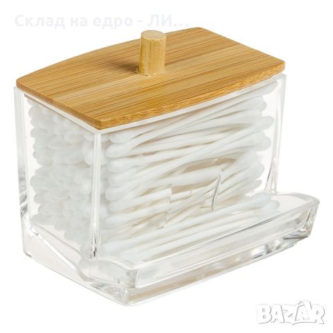 Кутия за съхранение на клечки за уши Liberta, Бамбуков капак, Прозрачен, 9 x 7 x 7 см, снимка 2 - Други - 45698091