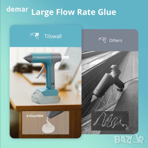 Пистолет за лепене Tilswall за батерия Dewalt 18V/20V, БЕЗ БАТЕРИЯ, 10 пръчици, снимка 3 - Други инструменти - 52535387