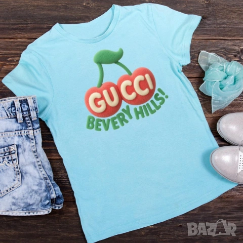 Gucci Bevery Hills/ Гучи дамска, къс ръкав, памучна тениска, розова, синя, бяла тениска, щампа, снимка 2 - Тениски - 54098222