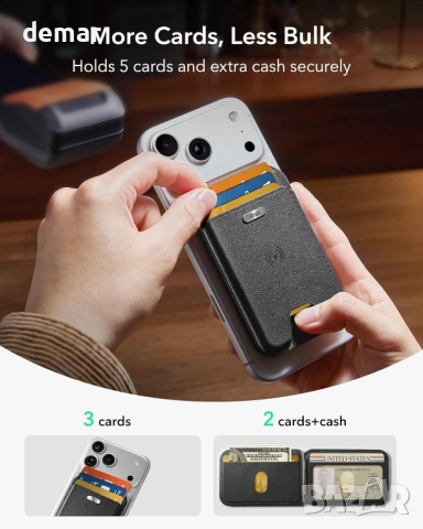 Портфейл ESR Geo MagSafe с пълна функционалност „Find My“, държач за 5 карти, RFID блокиране, черен, снимка 5 - Аксесоари за Apple - 53427138