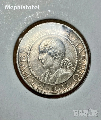 5 лири 1932 г, Сан Марино - сребърна монета, рядка, снимка 3 - Нумизматика и бонистика - 53972834
