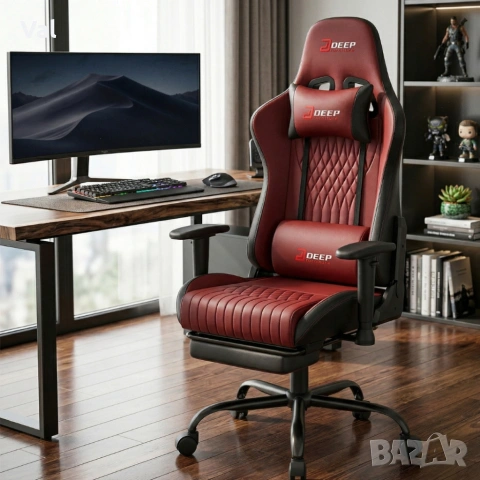 Ергономичен геймърски стол бордо с поставка за крака, регулируема височина и 3D подлакътници, снимка 3 - Столове - 54061203