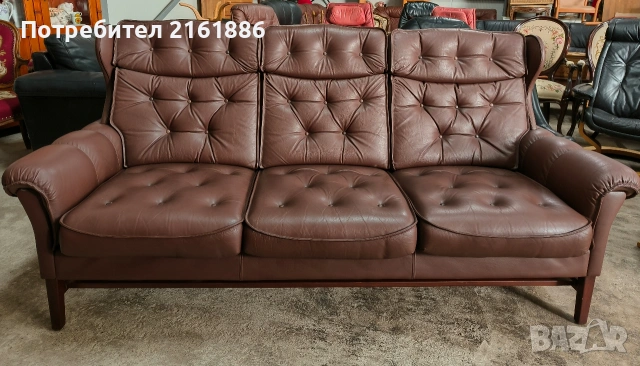 Винтидж диван тройка от естествена кожа 