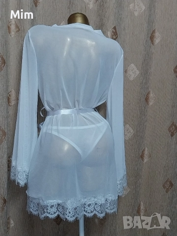 L Бял,халат от прозрачен еластичен тюл с дантела , снимка 3 - Нощници - 51548267