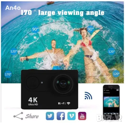 Екшън Камера 4K с Wi-Fi, Водоустойчива, 170° Ъгъл на Заснемане - Спортна Камера за Подводни и Външни, снимка 5 - Камери - 48143771