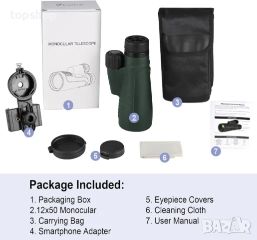 ЧИСТО НОВ Монокулярен телескоп EASTPOLE с държач за смартфон 12x50, снимка 2 - Аналогови камери - 50525164